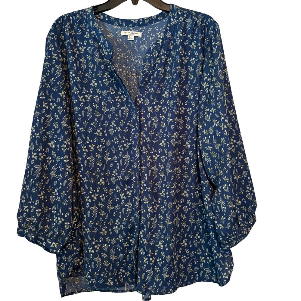 JACHS Girlfriend XXL Blue Floral Button Down 3/4 Puff Sleeve Blouse Boho Prairie - Picture 1 of 10